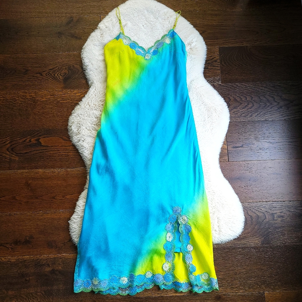 RARE Vintage Betsey Johnson Fairycore Vibrant Ombre Lace Silk Midi Slip …
